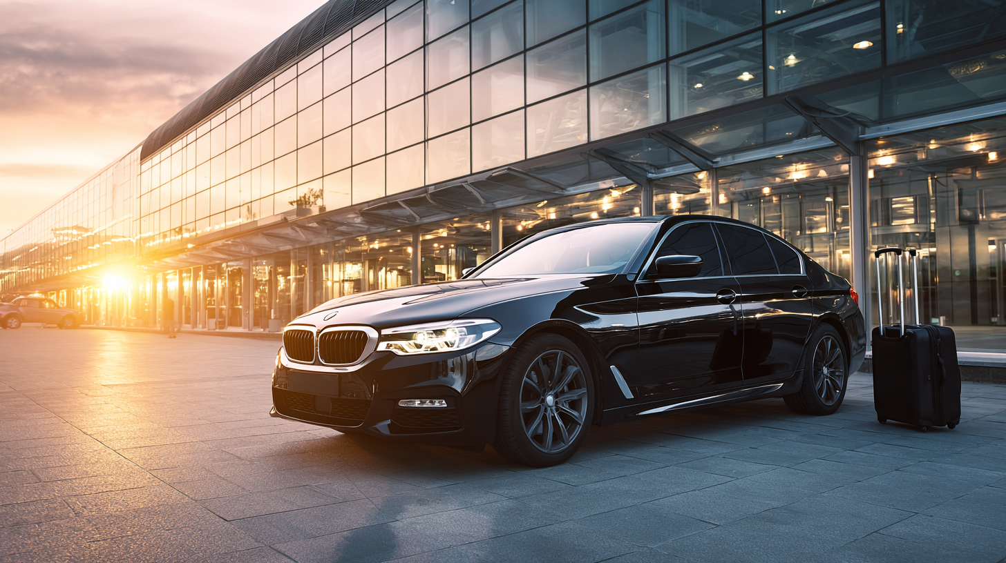 Black luxury sedan parked at airport terminal for executive transfer
