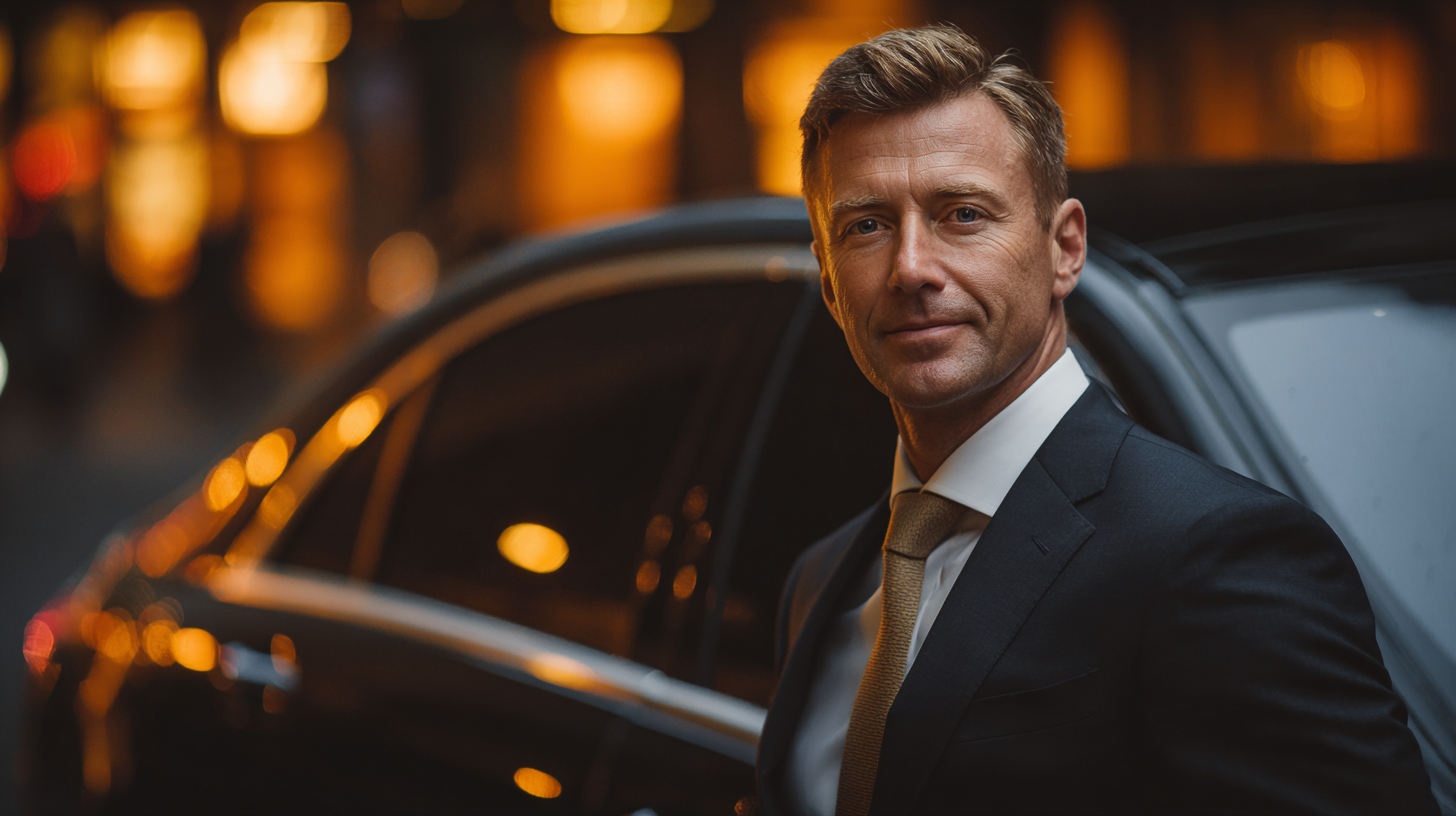 Professional JJ Cabs chauffeur standing beside a luxury sedan